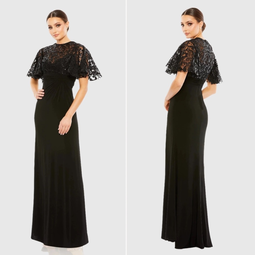 Mac Duggal Black Lace Cape-Shoulder Maxi Dress